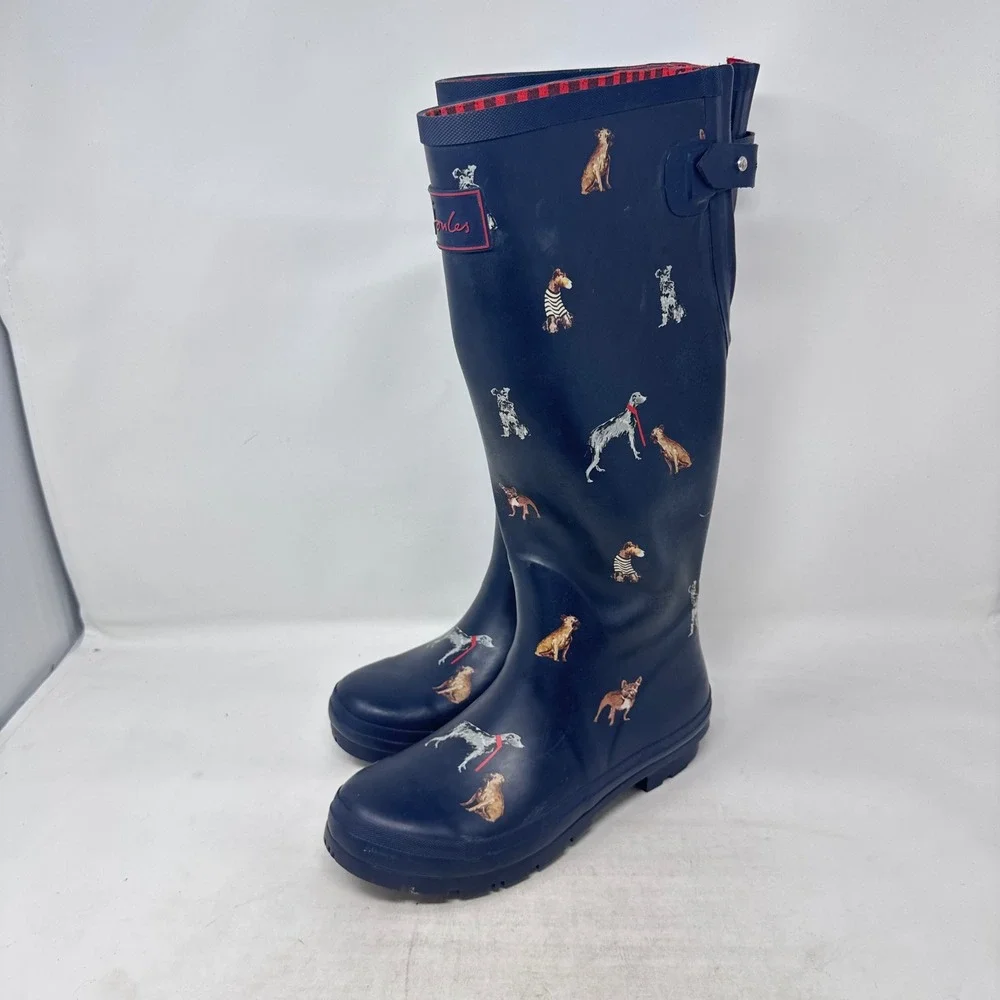 Joules Rain Boots Navy Blue Size 8 Dog Print Tall Wellingtons Waterproof